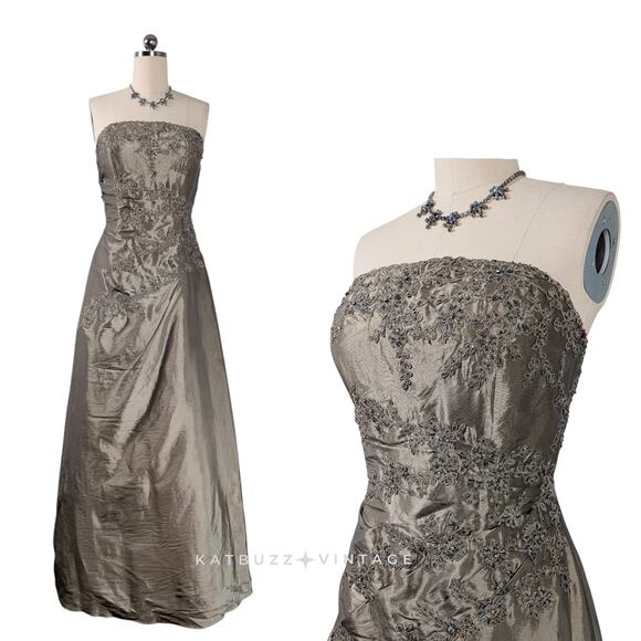Vintage Alyce Prom Dress Maxi Gown 16 Green Gold Y2K Goth Bead Floral Strapless - Picture 1 of 10